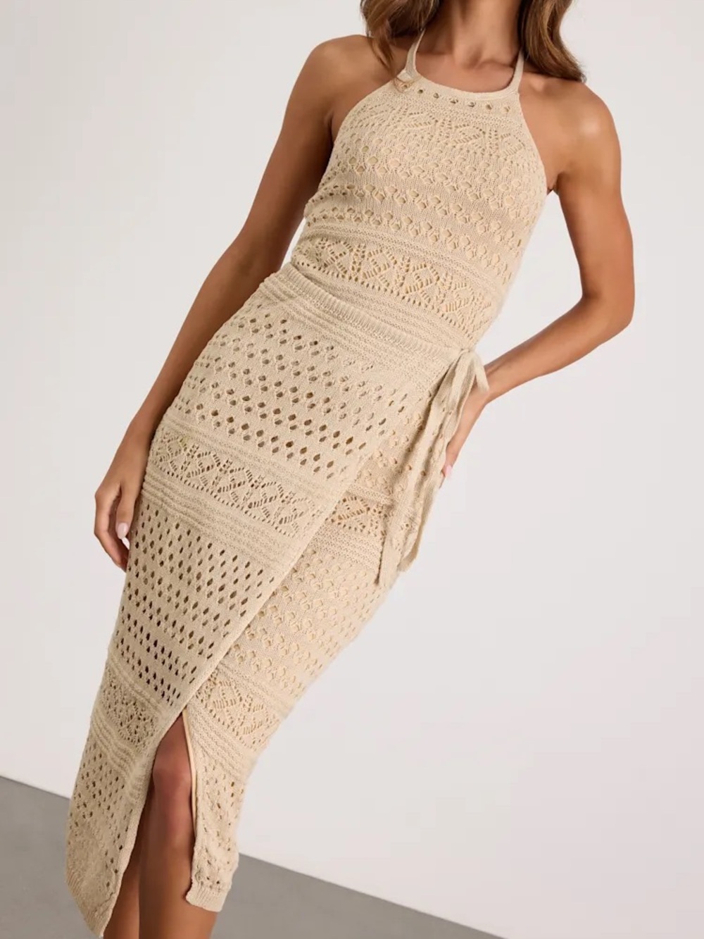 Blissful Strolls Beige Crochet Faux-Wrap Halter Midi Dress